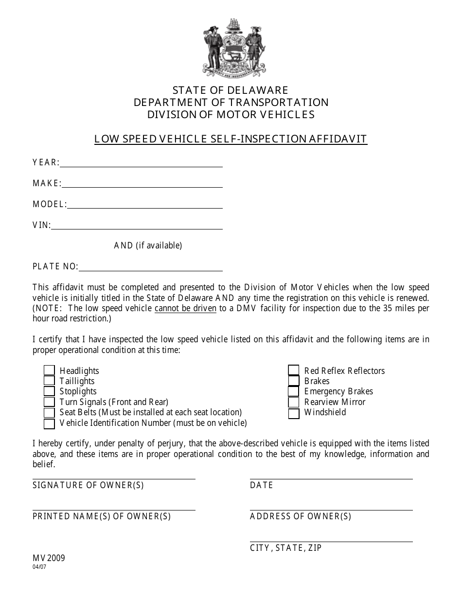 Form MV2009 Low Speed Vehicle Self-inspection Affidavit - Delaware, Page 1
