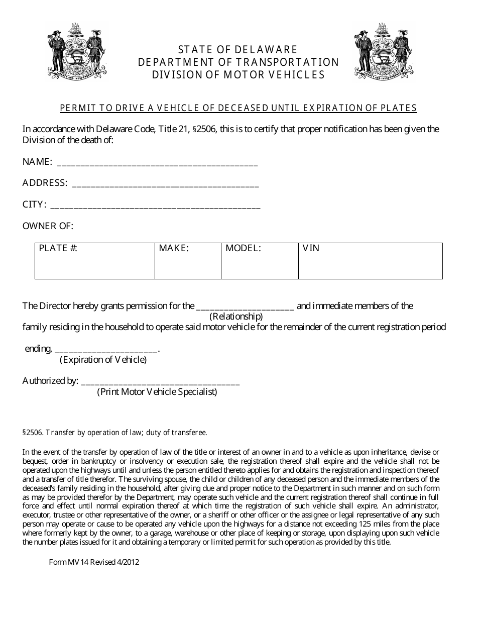 Form MV14 Permit to Drive a Vehicle of Deceased Until Expiration of Plates - Delaware, Page 1
