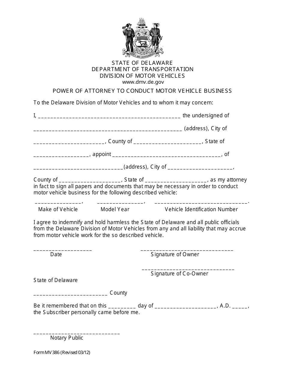 Form MV386 Power of Attorney to Transfer a Vehicle Title - Delaware, Page 1