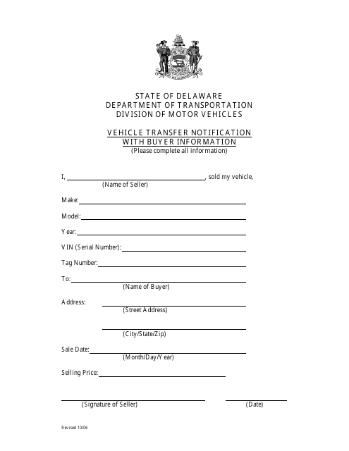 Vehicle Transfer Notification With Buyer Information - Delaware Download Pdf