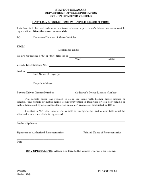 Form MV616 U-Title or Mobile Home Title Request Form - Delaware