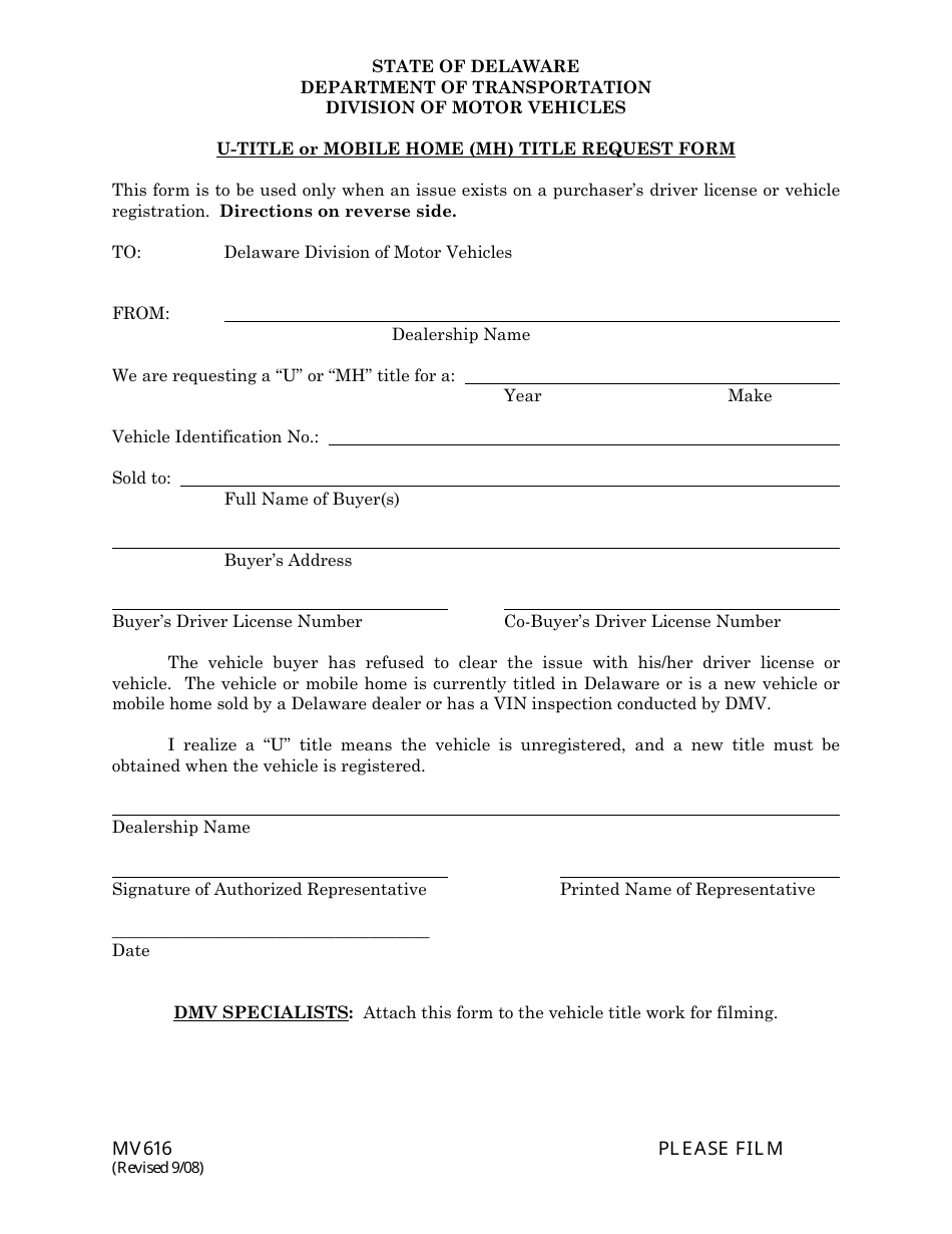Form MV616 U-Title or Mobile Home Title Request Form - Delaware, Page 1