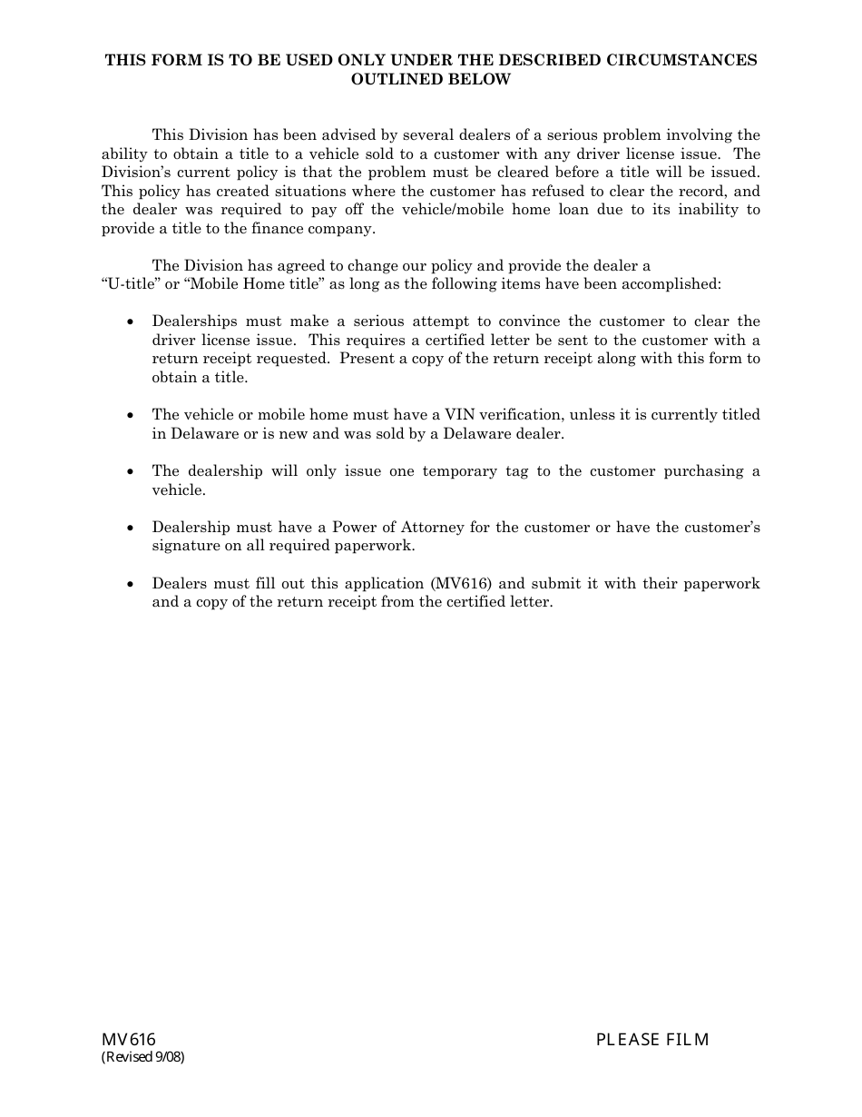 Form MV616 U-Title or Mobile Home Title Request Form - Delaware, Page 2
