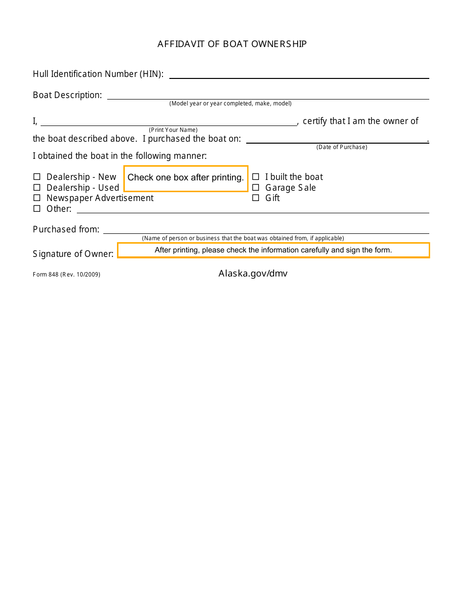 Form 848 Affidavit of Boat Ownership - Alaska, Page 1