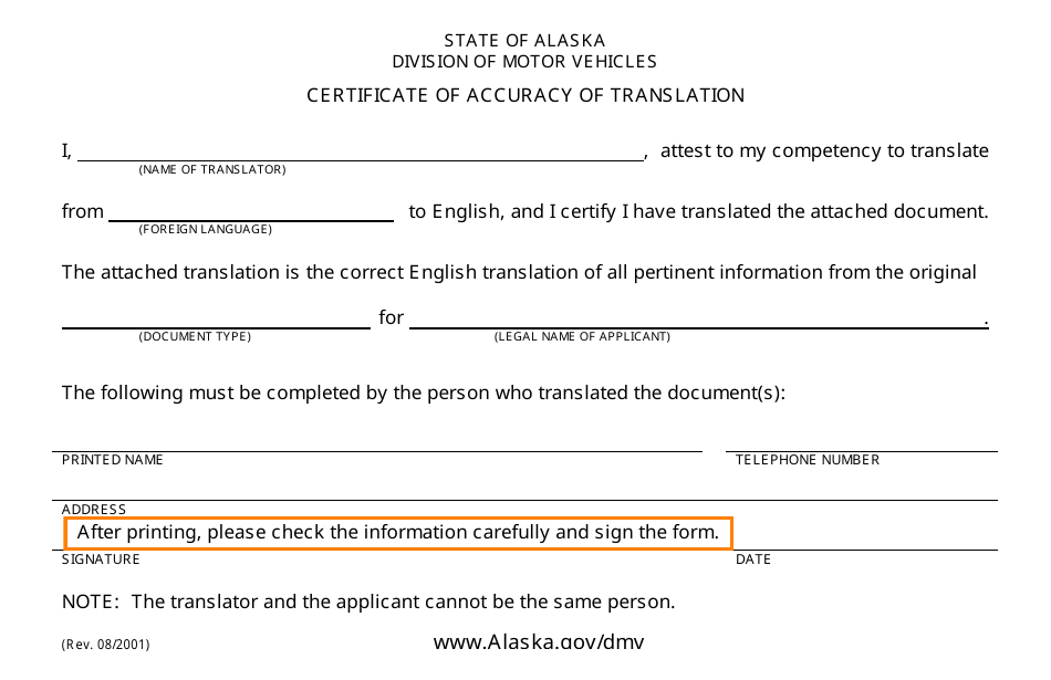 Certificate of Accuracy of Translation - Alaska, Page 1