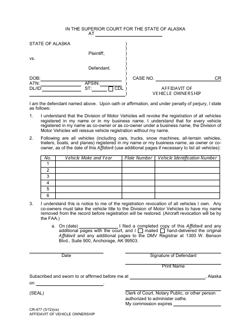 Form CR-477 Affidavit of Vehicle Ownership - Alaska