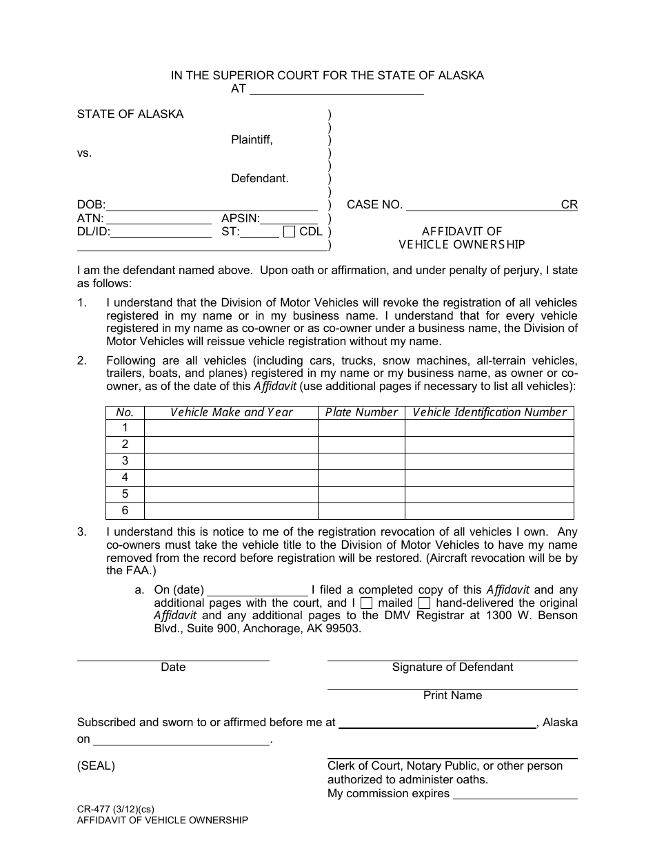 Form CR-477 Affidavit of Vehicle Ownership - Alaska, Page 1