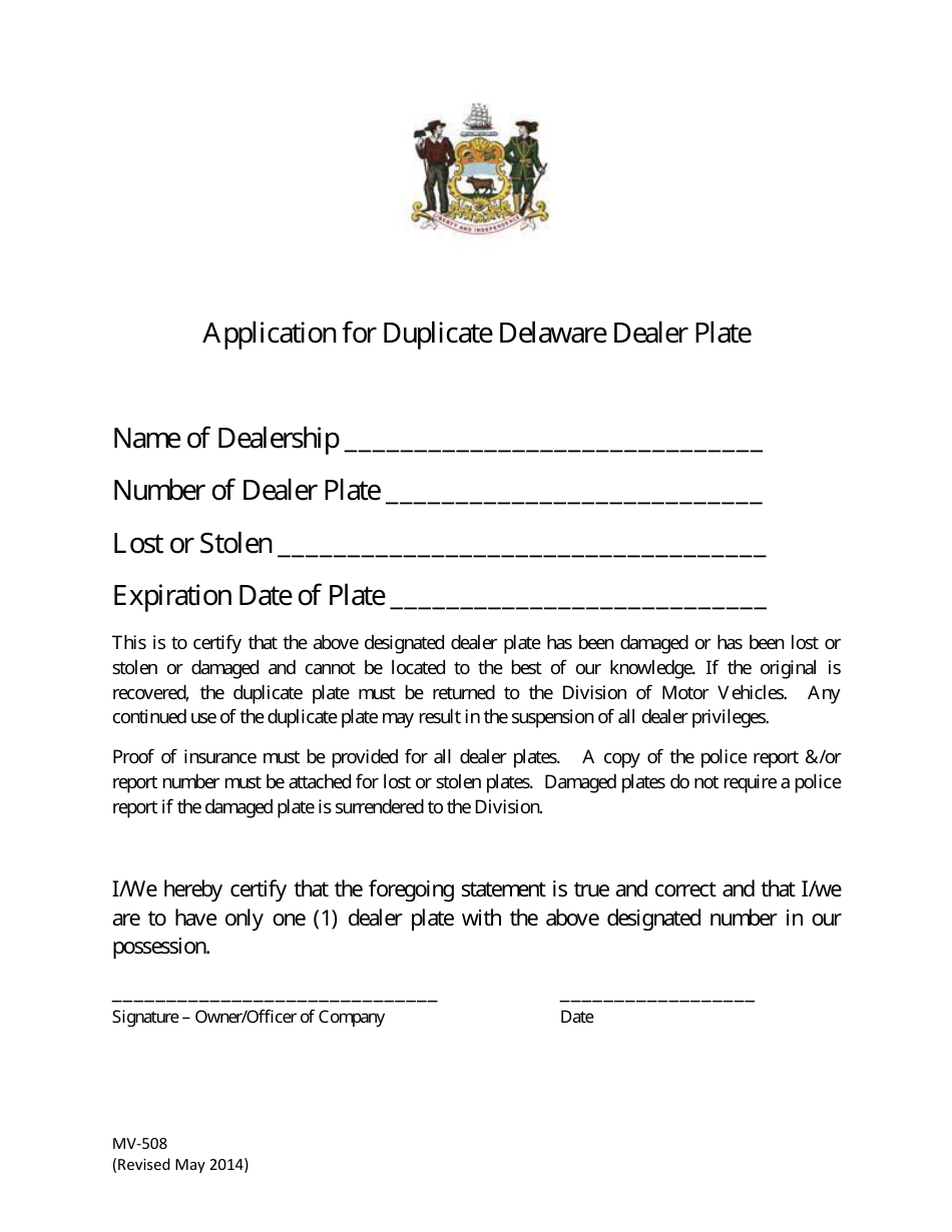 Form MV508 Fill Out, Sign Online and Download Fillable PDF, Delaware