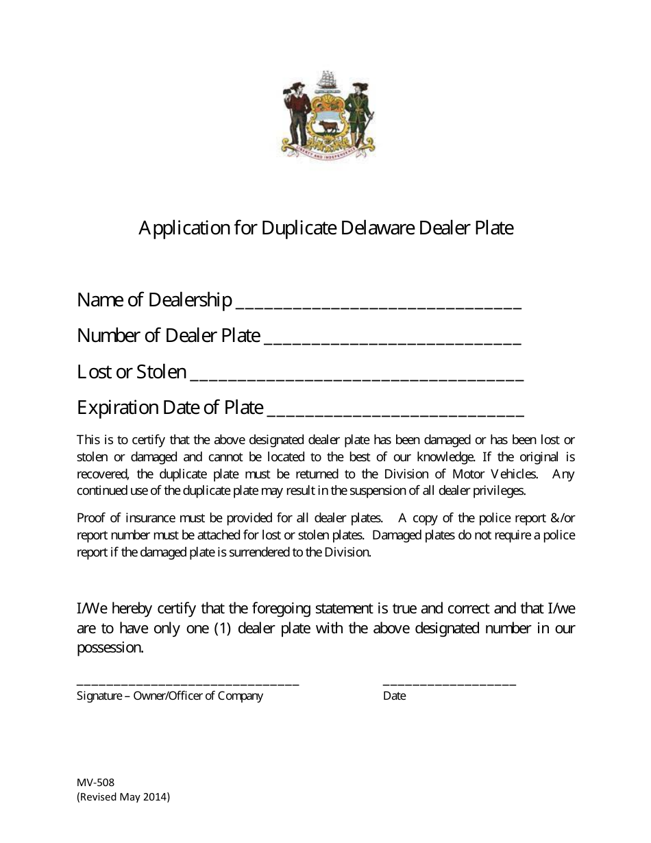 Form MV508 Application for Duplicate Delaware Dealer Plate - Delaware, Page 1