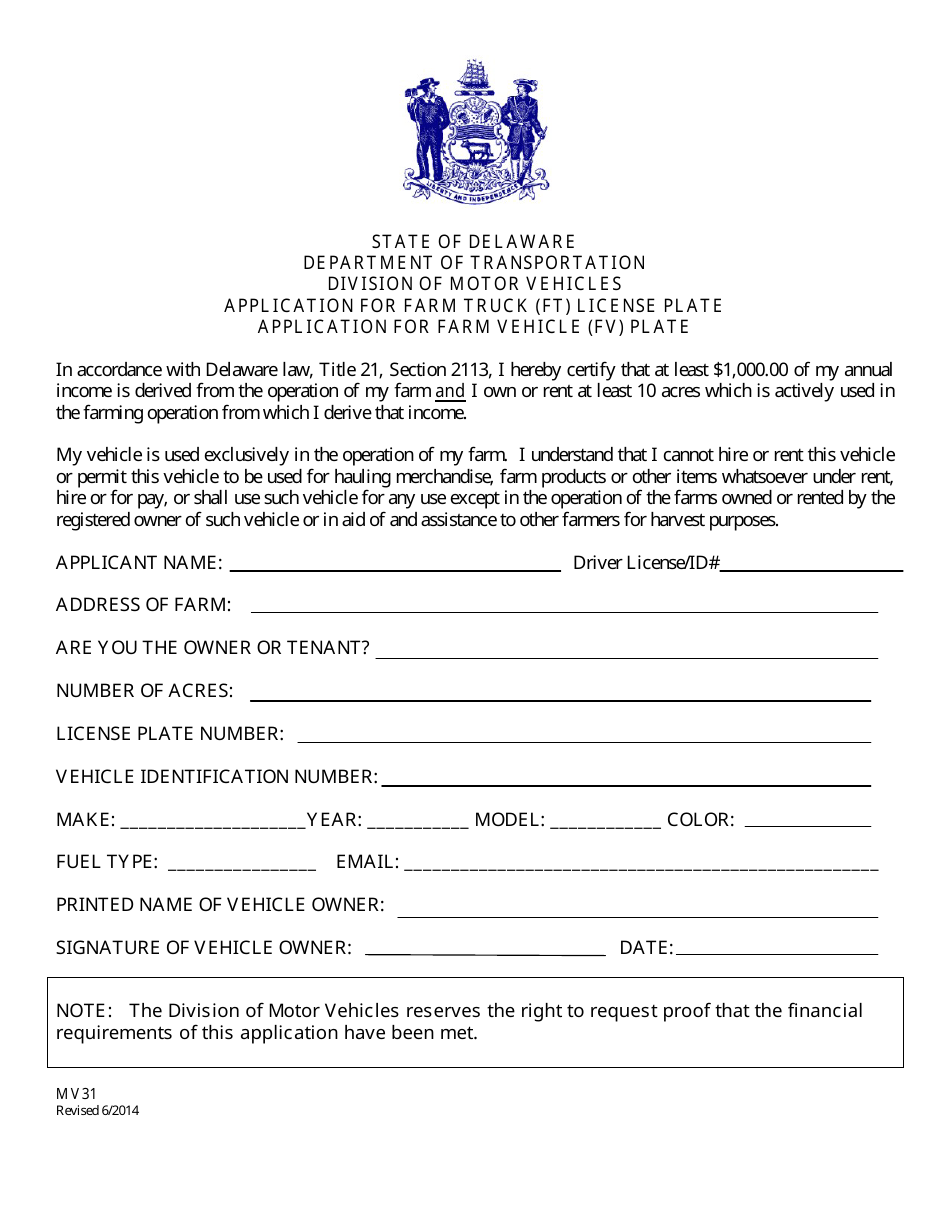 Form MV31 Application for Farm Truck (Ft) and Farm Vehicle (Fv) License Plate - Delaware, Page 1