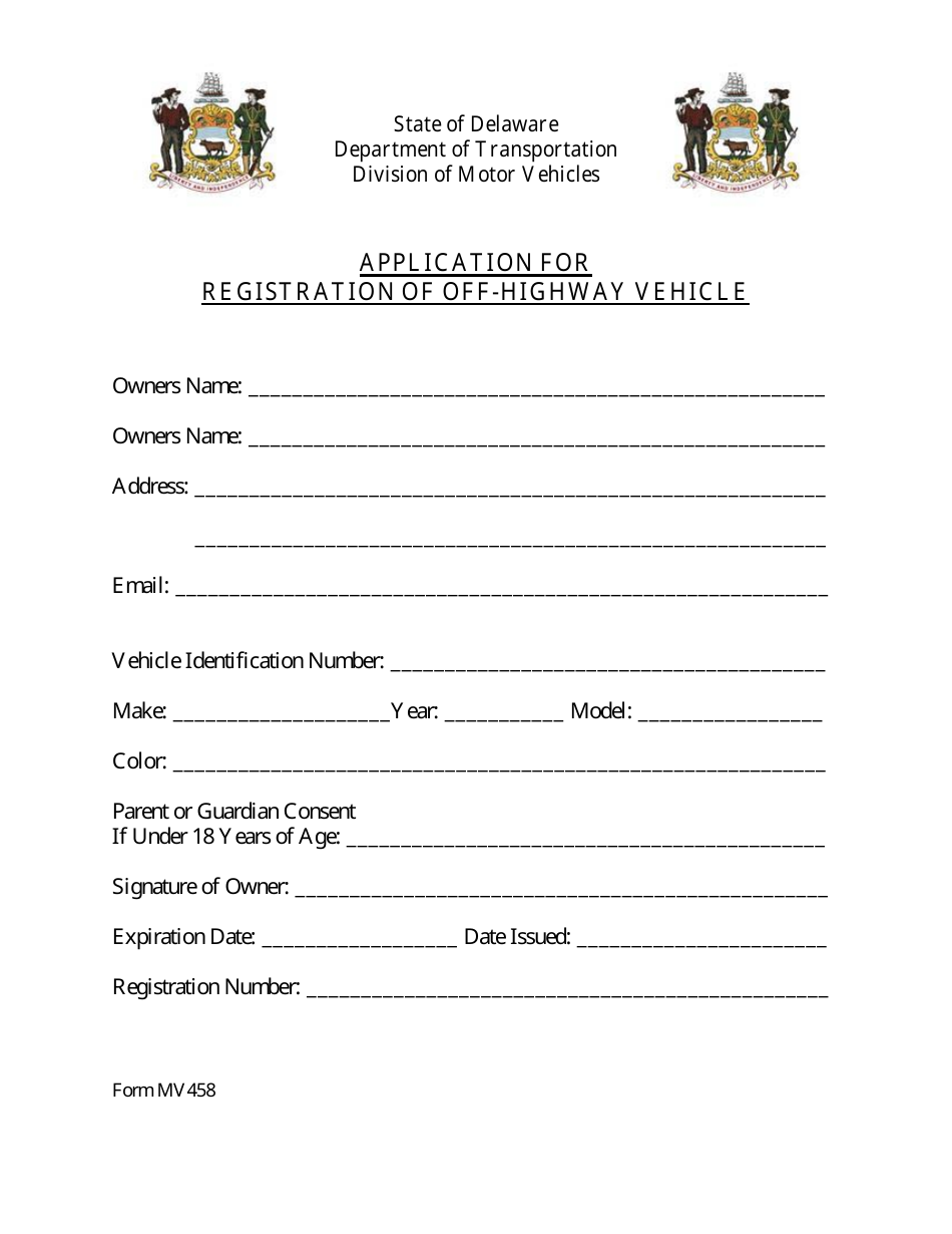 Form MV458 Application for Registration of Off-Highway Vehicle - Delaware, Page 1