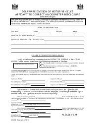Form MV809 &quot;Affidavit to Correct Odometer Disclosure&quot; - Delaware