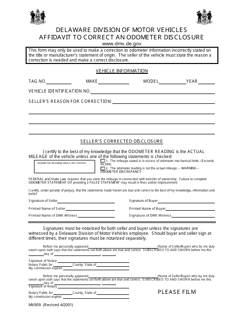 Form MV809 Affidavit to Correct Odometer Disclosure - Delaware