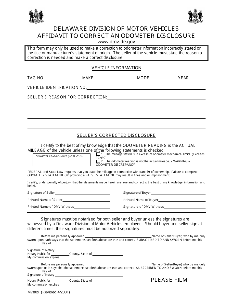 Form MV809 Affidavit to Correct Odometer Disclosure - Delaware, Page 1