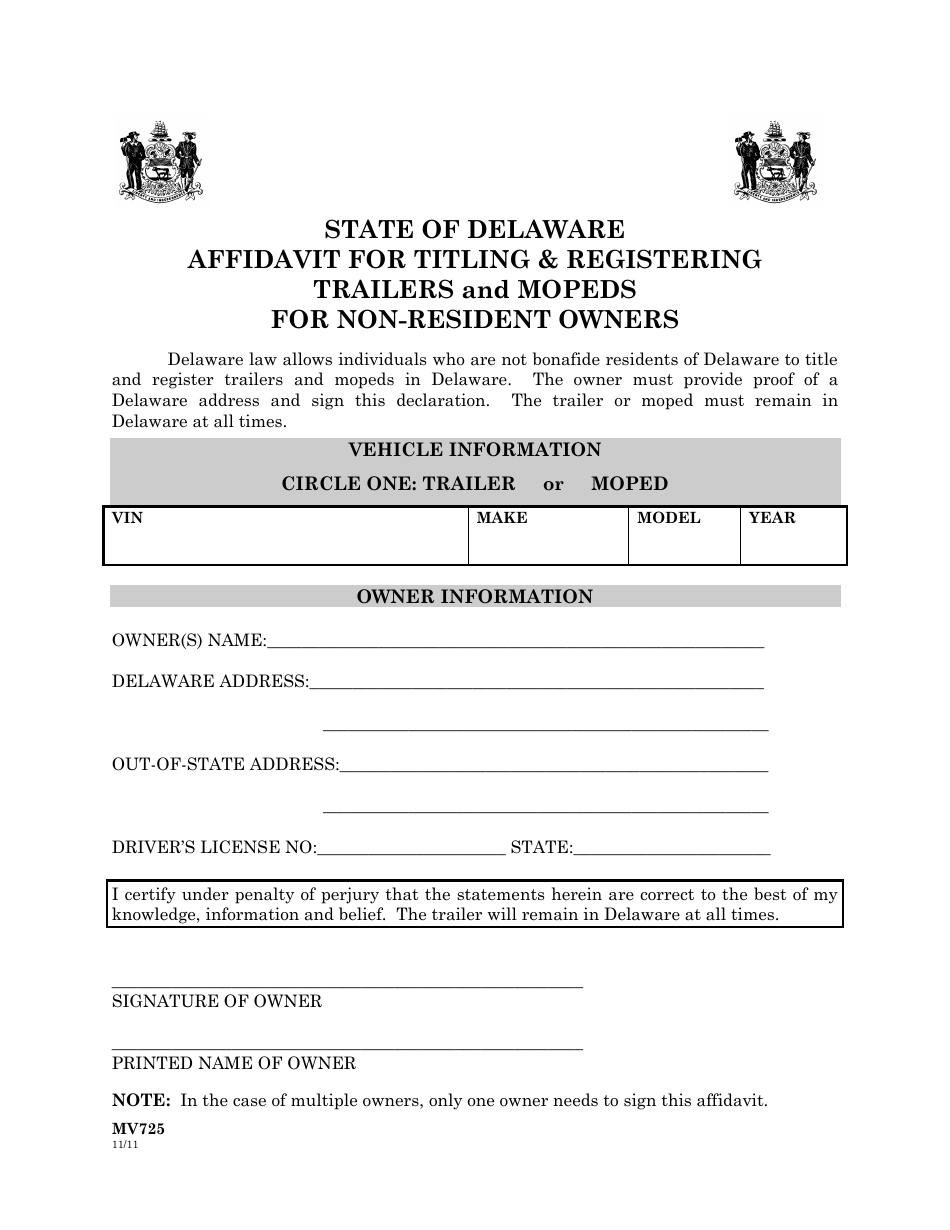 Form MV725 Affidavit for Titling  Registering of Trailers and Mopeds for Non-resident Owners - Delaware, Page 1