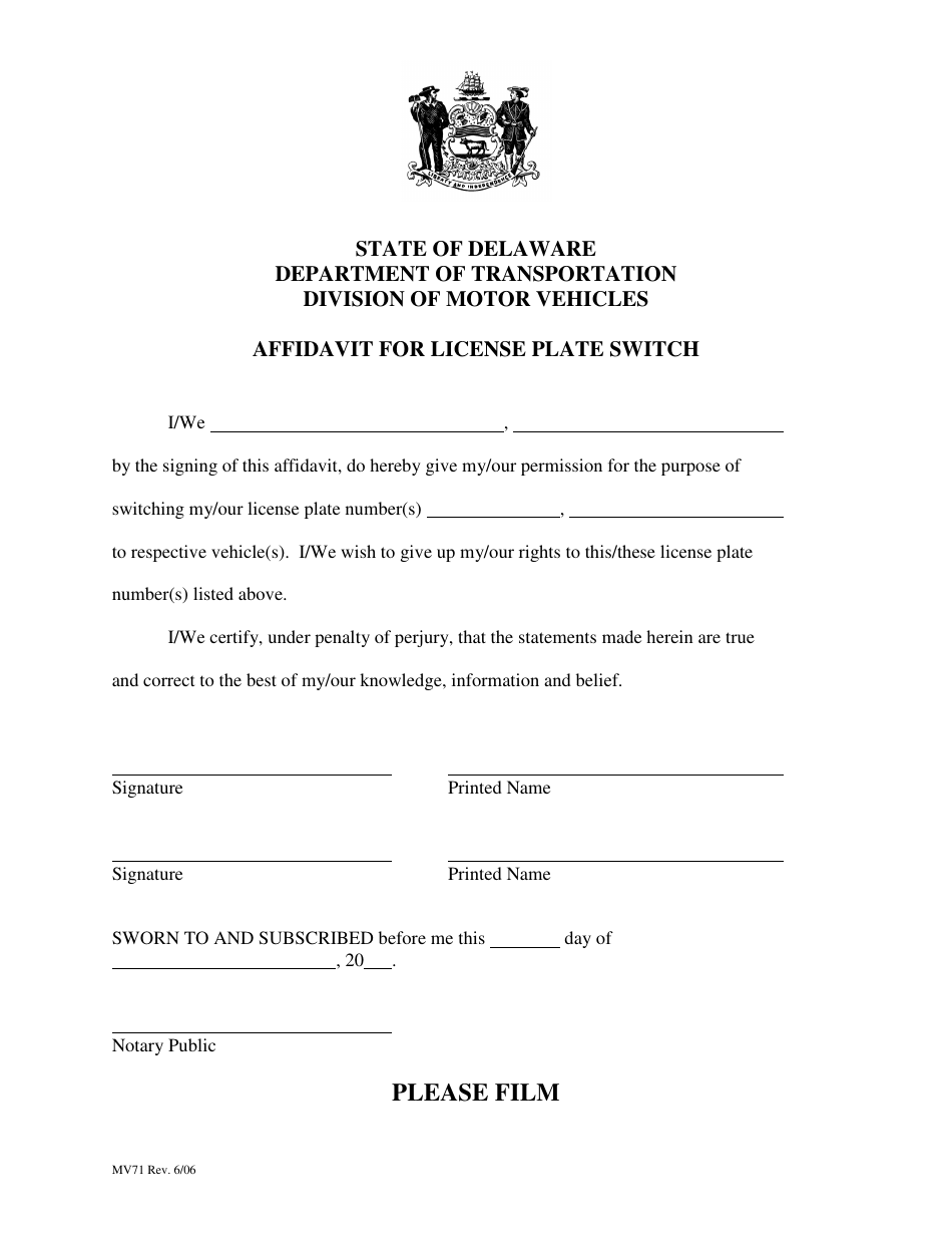 Form MV71 Affidavit for License Plate Switch - Delaware, Page 1