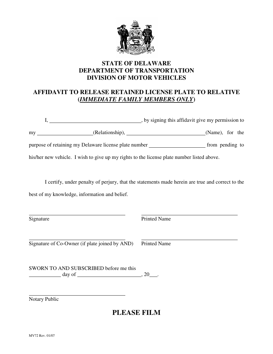 Form MV72 Affidavit to Release Retained License Plate to Relative - Delaware, Page 1