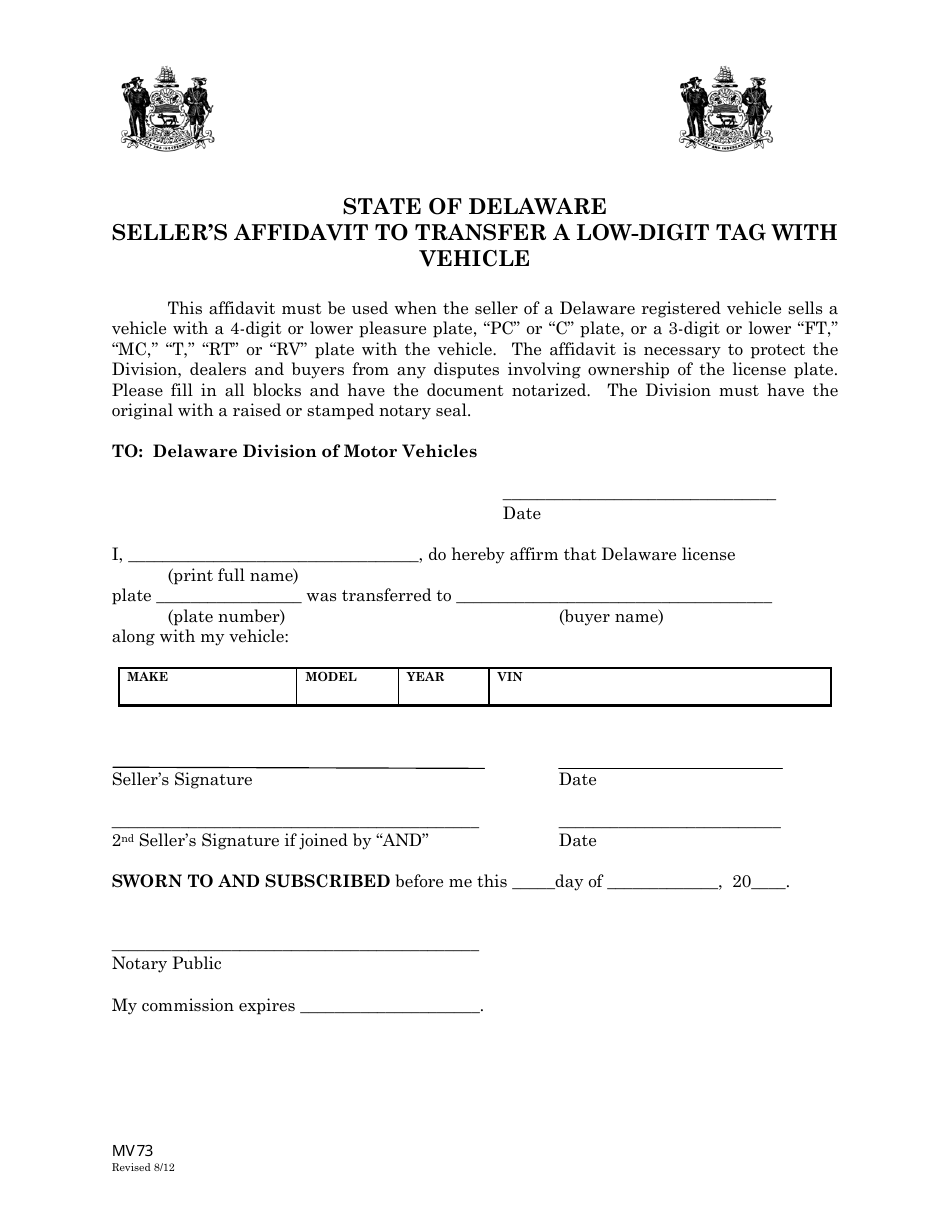 Form MV73 Sellers Affidavit to Transfer a Low-Digit Tag With Vehicle - Delaware, Page 1