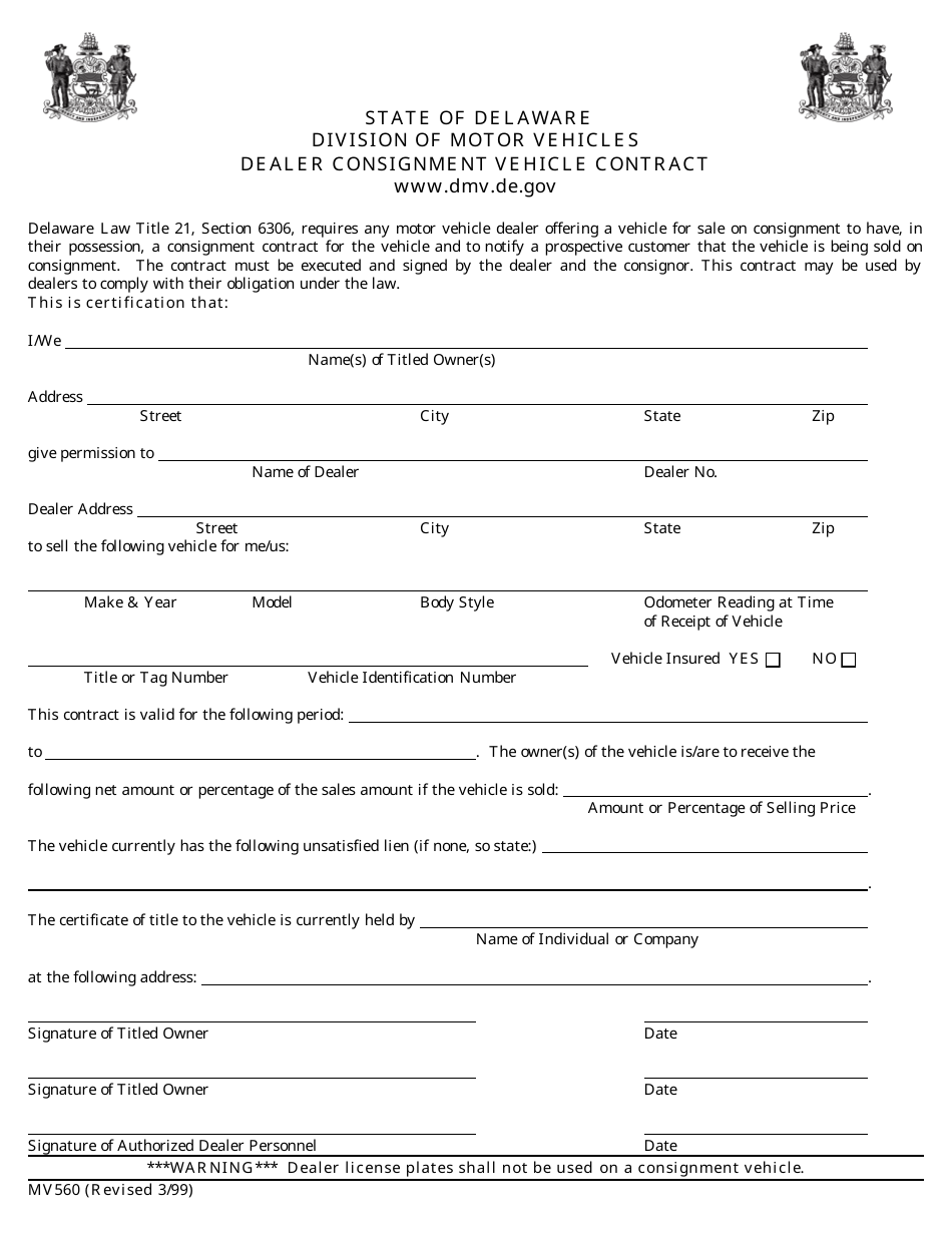Form MV560 Dealer Consignment Vehicle Contract - Delaware, Page 1