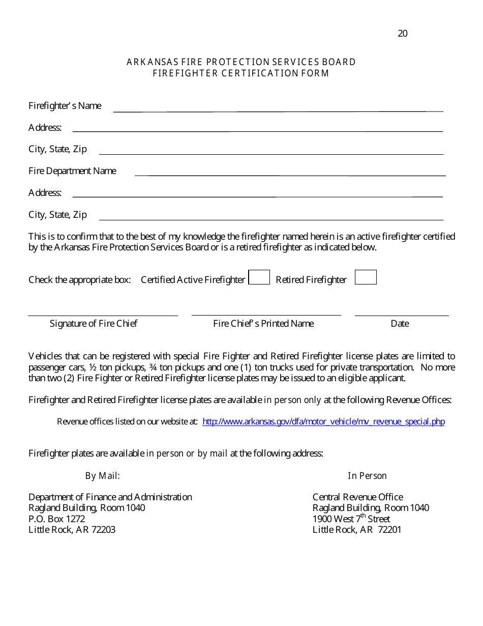 Firefighter Certification Form - Arkansas, Page 1