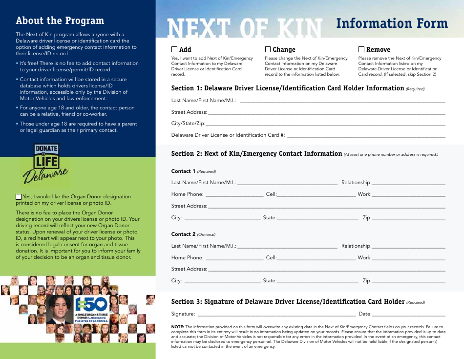 Next of Kin / Emergency Contact Form - Delaware, Page 2