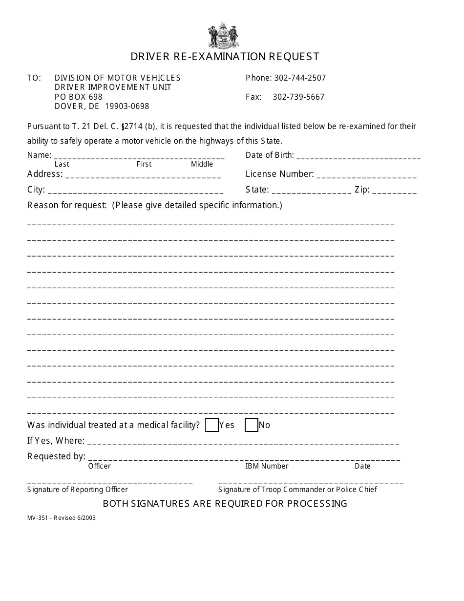 Form MV-351 Driver Re-examination Request Form - Delaware, Page 1