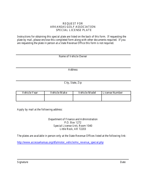 Request for Special Golf Association License Plate - Arkansas Download Pdf
