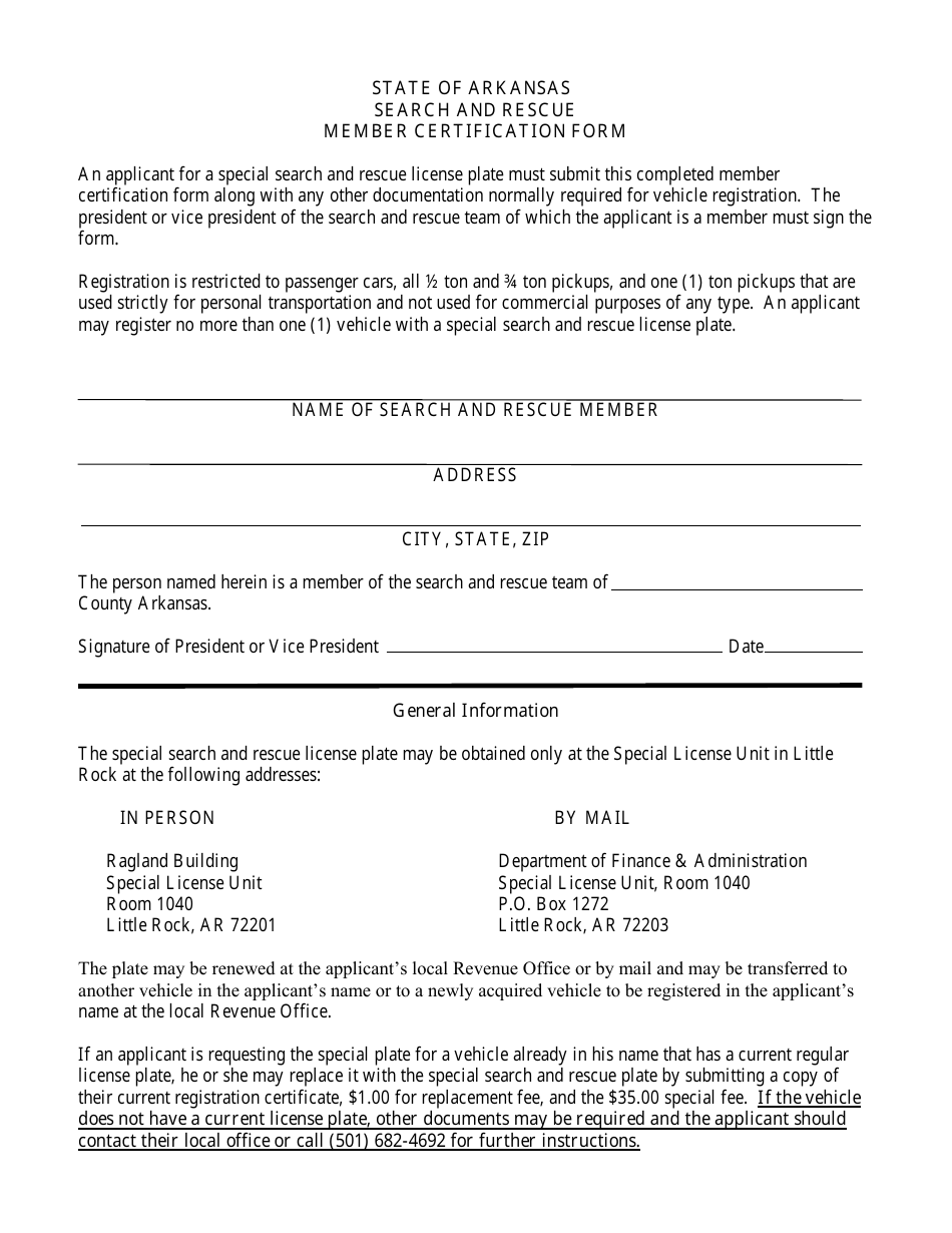Search and Rescue Member Certification Form - Arkansas, Page 1