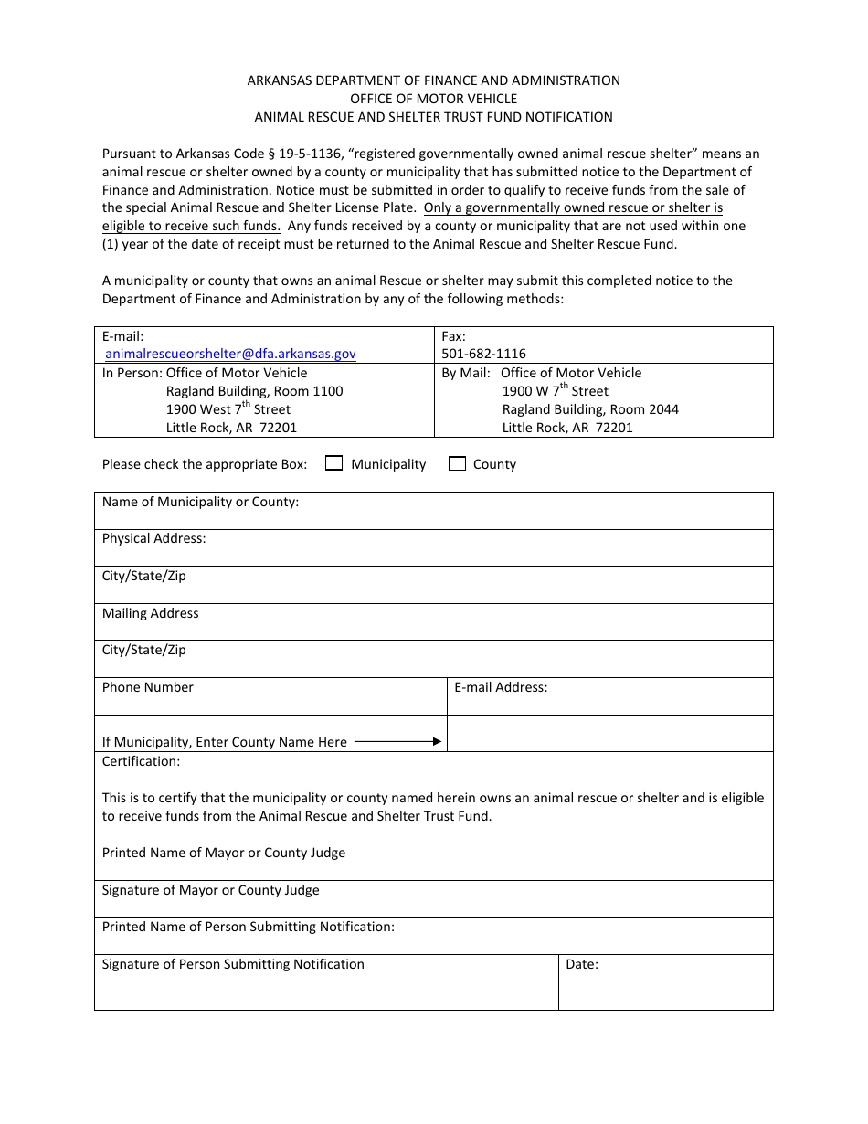 Animal Rescue and Shelter Trust Fund Notification - Arkansas, Page 1