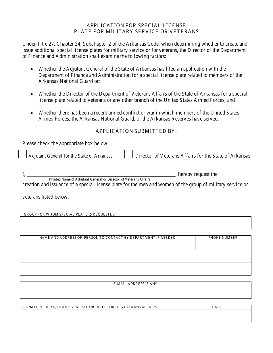 Application for Special License Plate for Military Service or Veterans - Arkansas, Page 1