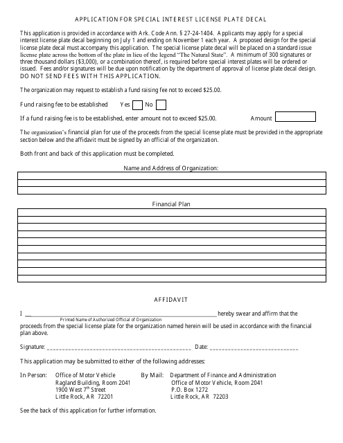 Application for Special Interest License Plate Decal - Arkansas Download Pdf