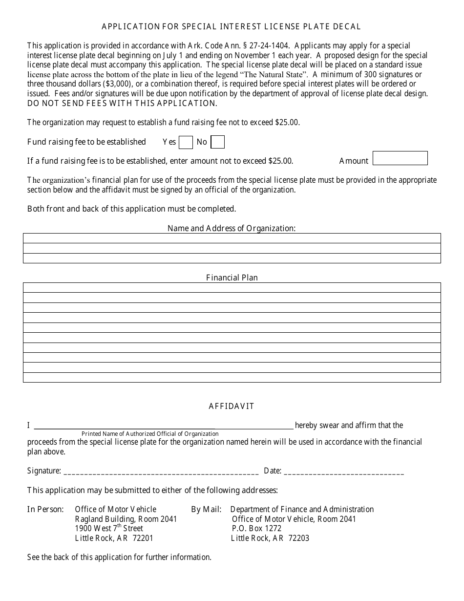 Application for Special Interest License Plate Decal - Arkansas, Page 1