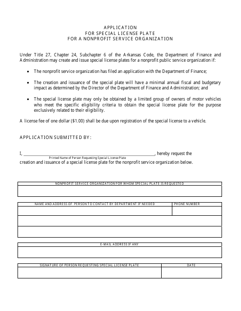 Application for Special License Plate for a Nonprofit Service Organization - Arkansas Download Pdf