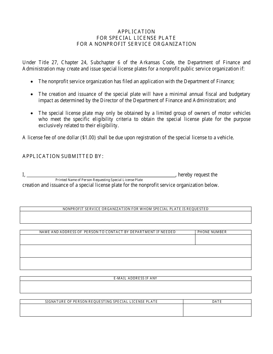 Application for Special License Plate for a Nonprofit Service Organization - Arkansas, Page 1
