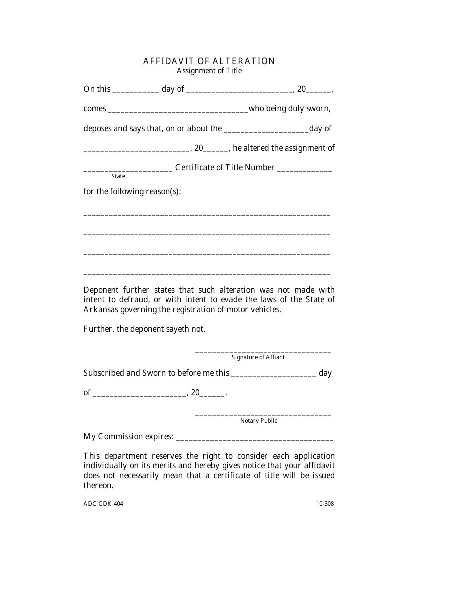 Form 10-308 Affidavit of Alternation - Arkansas, Page 1
