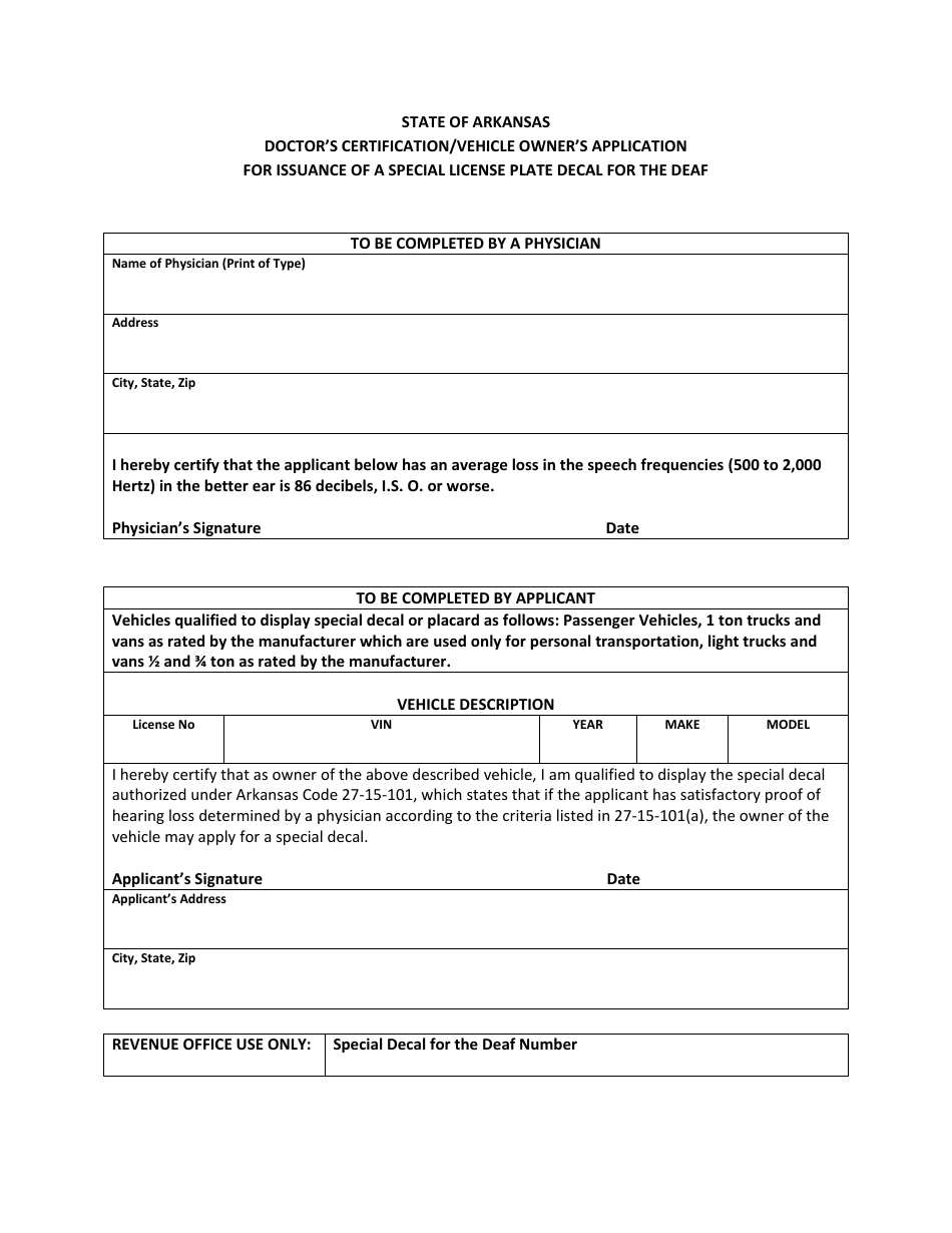 Doctors Certification / Vehicle Owners Application for Issuance of a Special License Plate Decal for the Deaf - Arkansas, Page 1