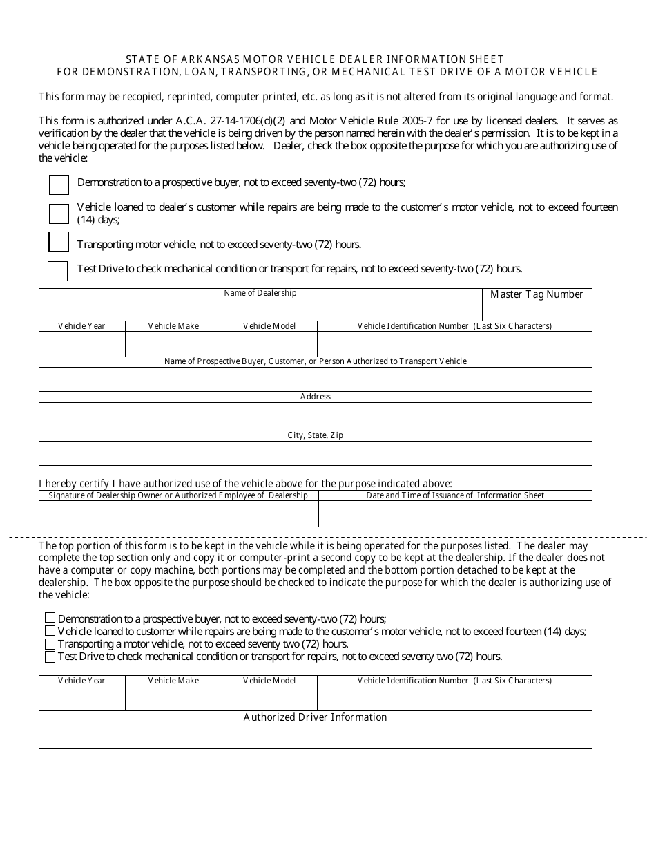 State of Arkansas Motor Vehicle Dealer Information Sheet for Demonstration, Loan, Transporting, or Mechanical Test Drive of a Motor Vehicle - Arkansas, Page 1