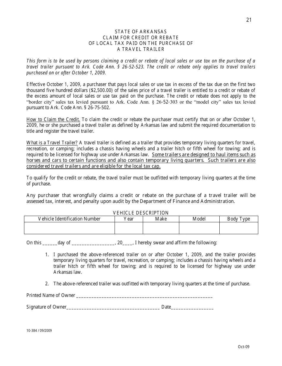 Form 10-384 Claim for Credit or Rebate of Local Tax Paid on the Purchase of a Travel Trailer - Arkansas, Page 1
