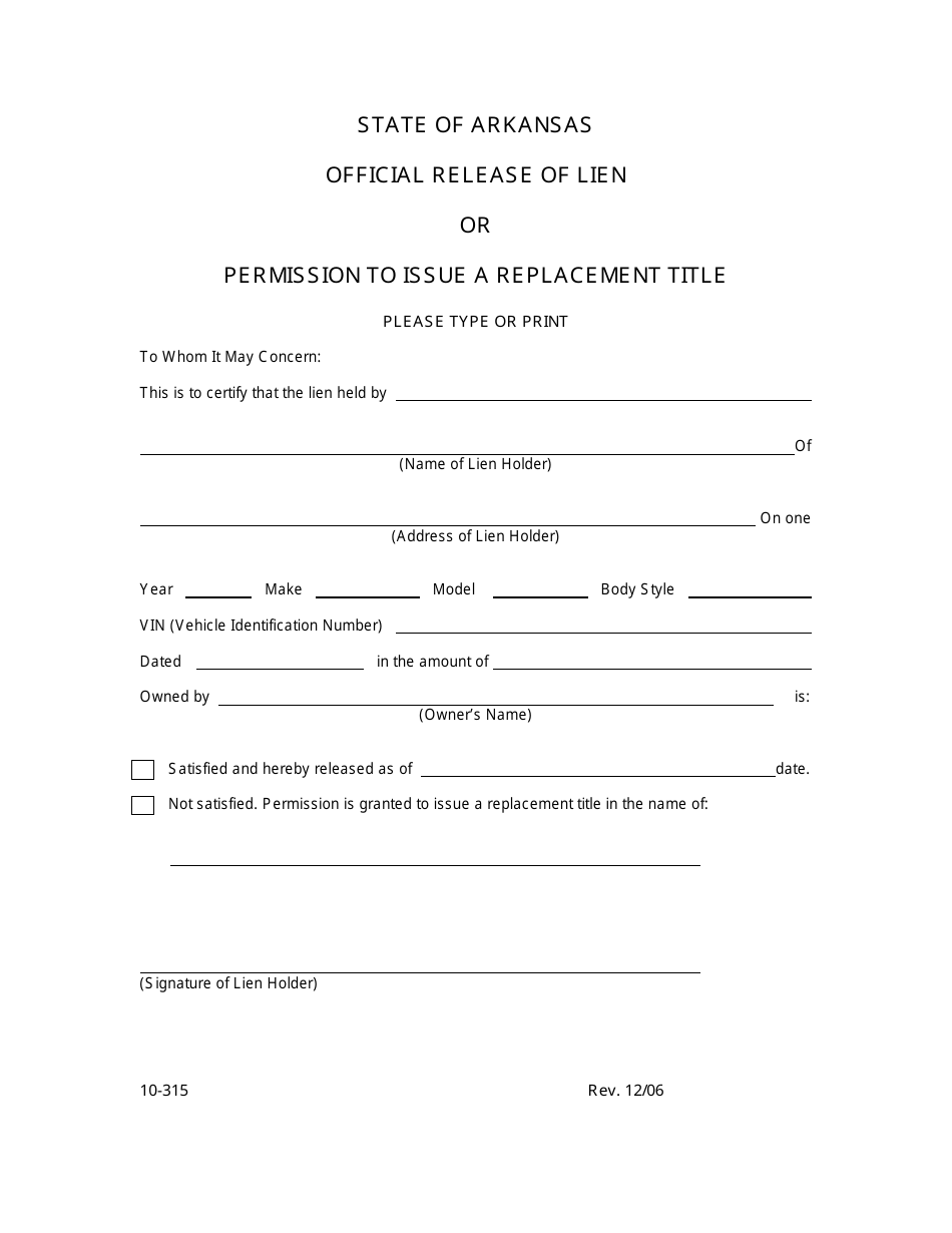 Form 10-315 Official Release of Lien or Permission to Issue a Replacement Title - Arkansas, Page 1