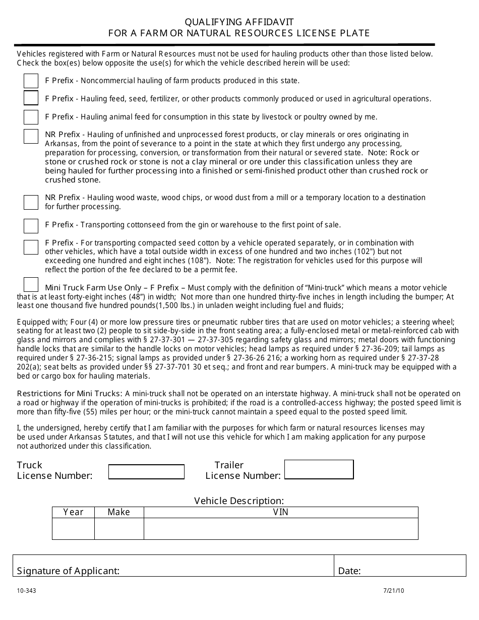 Form 10-343 Qualifying Affidavit for a Farm or Natural Resources License Plate - Arkansas, Page 1