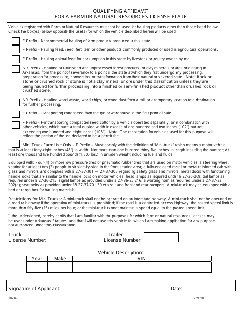 Form 10-343 Qualifying Affidavit for a Farm or Natural Resources License Plate - Arkansas