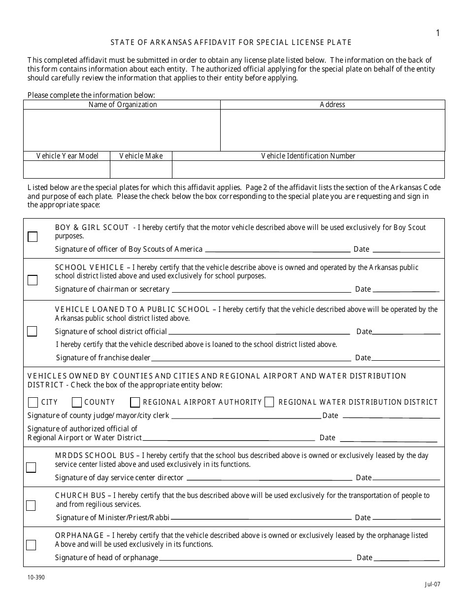 Form 10-390 Affidavit for Special License Plate - Arkansas, Page 1