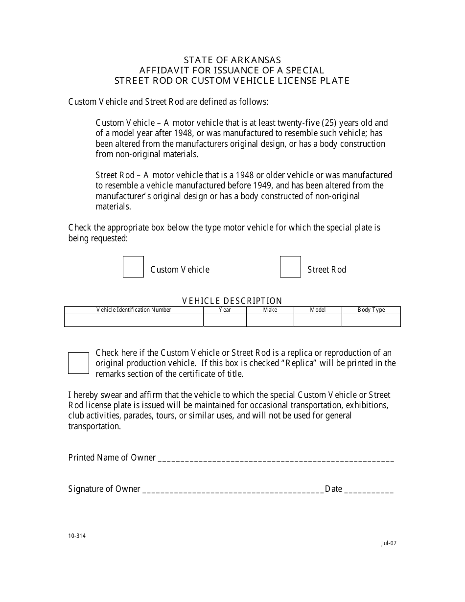 Form 10-314 Affidavit for Issuance of a Special Street Rod or Custom Vehicle License Plate - Arkansas, Page 1