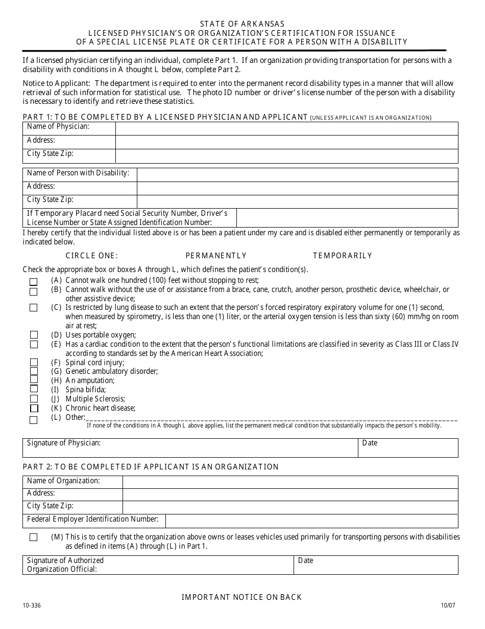 Form 10-336 Licensed Physicians or Organizations Certification for Issuance of a Special License Plate or Certificate for a Person With a Disability - Arkansas, Page 1