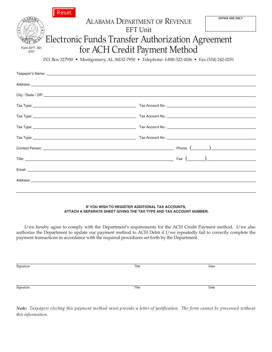 electronic funds transfer authorization form