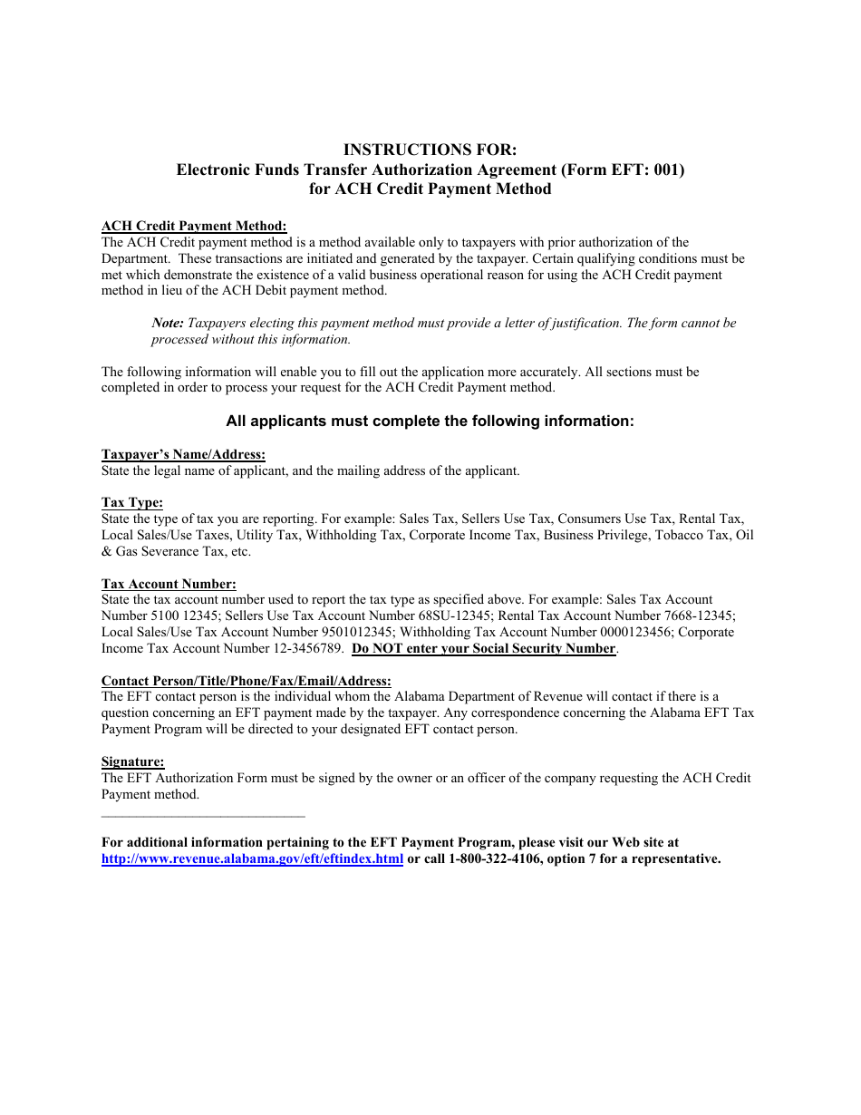 Form EFT:001 Electronic Funds Transfer Authorization Agreement for ACH Credit Payment Method - Alabama, Page 2