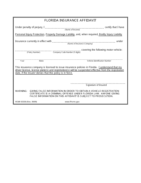Form HSMV83330 Florida Insurance Affidavit - Florida