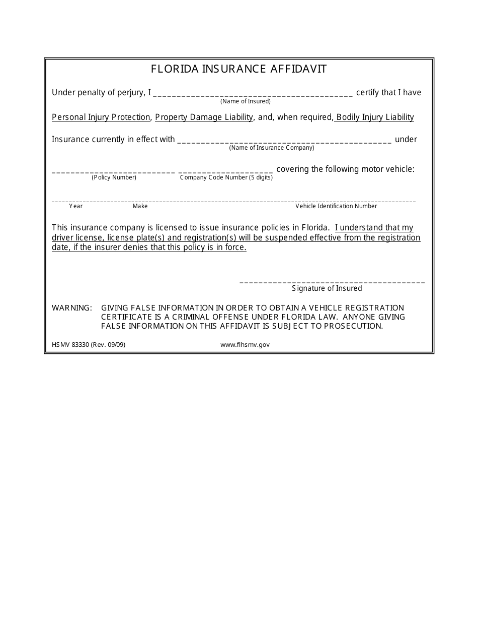 Form HSMV83330 Florida Insurance Affidavit - Florida, Page 1