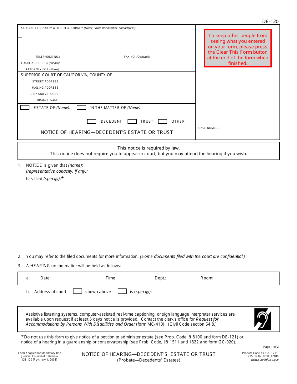 Form DE-120 Notice of Hearing - Decedents Estate or Trust - California, Page 1