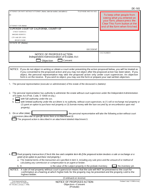 Form DE-165 Notice of Proposed Action (Objection-Consent) - California